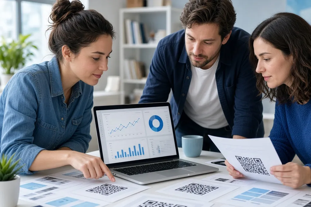 A marketing team reviewing printed QR materials and a scan dashboard together.