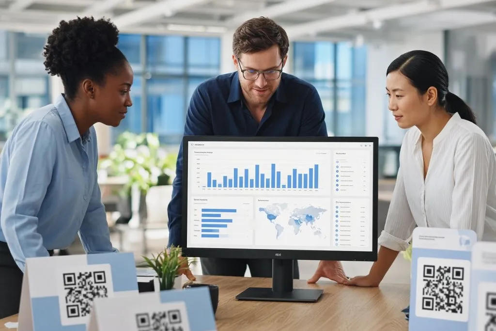 An operations team reviewing a scan dashboard beside printed QR table stands.