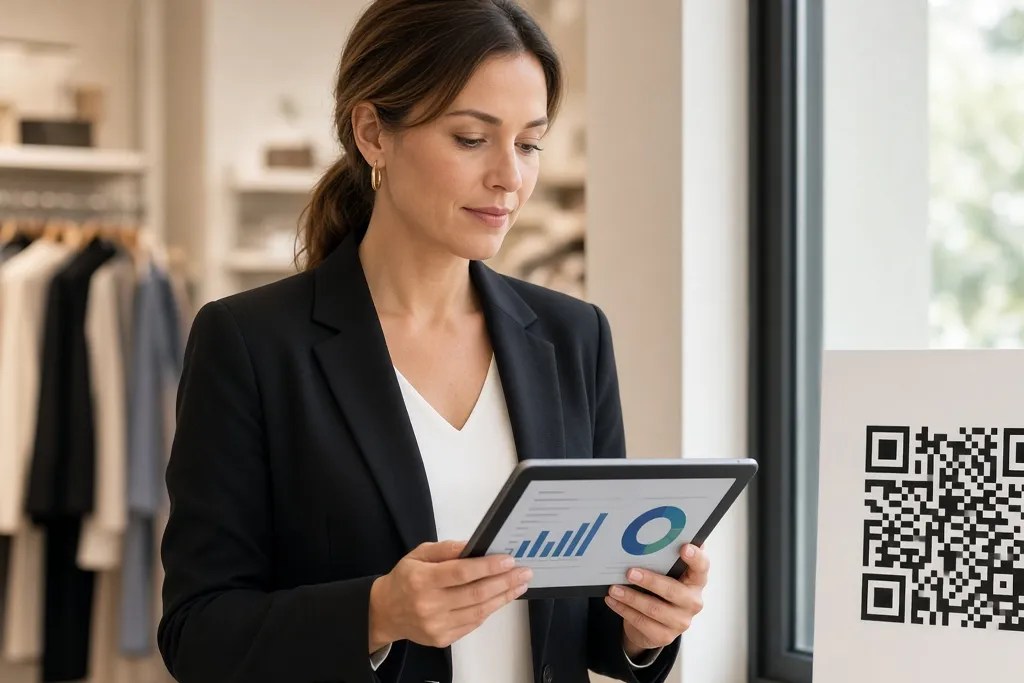 A store manager reading a dashboard on a tablet beside a window sign with a QR code.